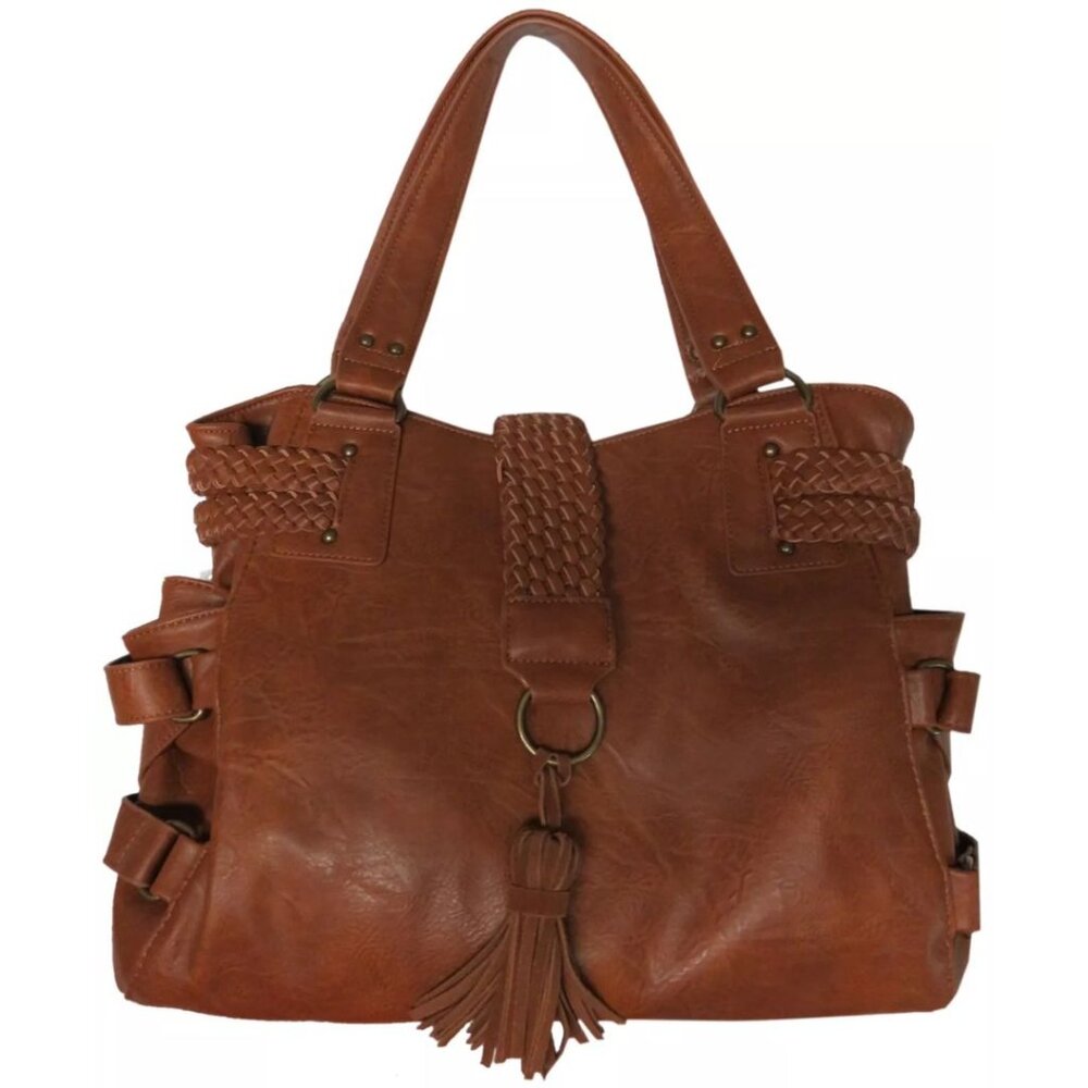 Steve Madden BSamba Leather Purse Satchel Tote with Braid Cognac NWT